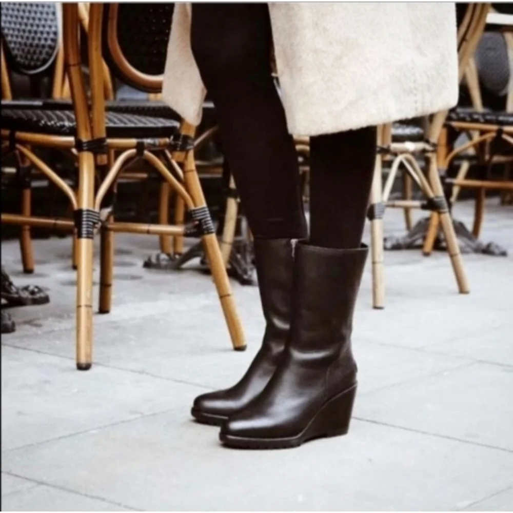 SOREL After Hours Mid Boot Black Leather Wedge Booties Size 8.5